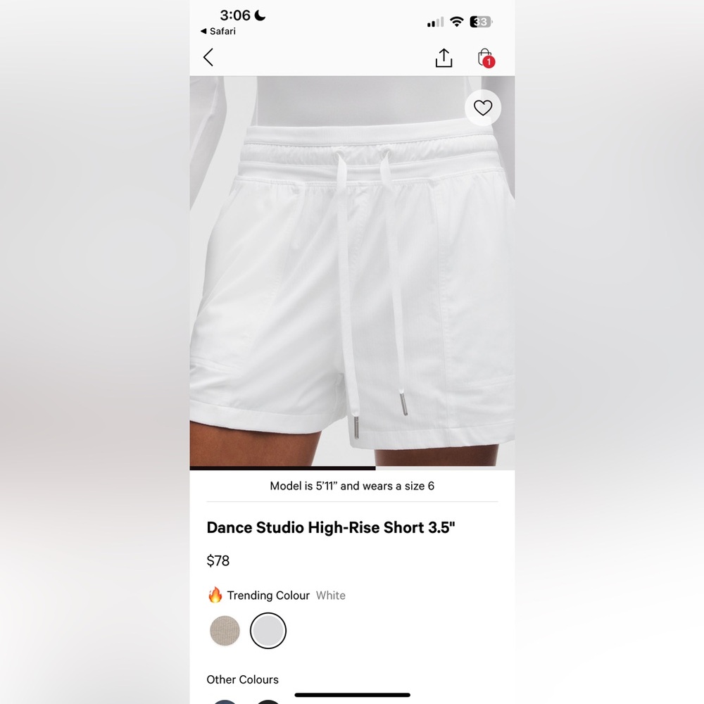 Lululemon White Dance Studio High-Rise Short 3.5”
